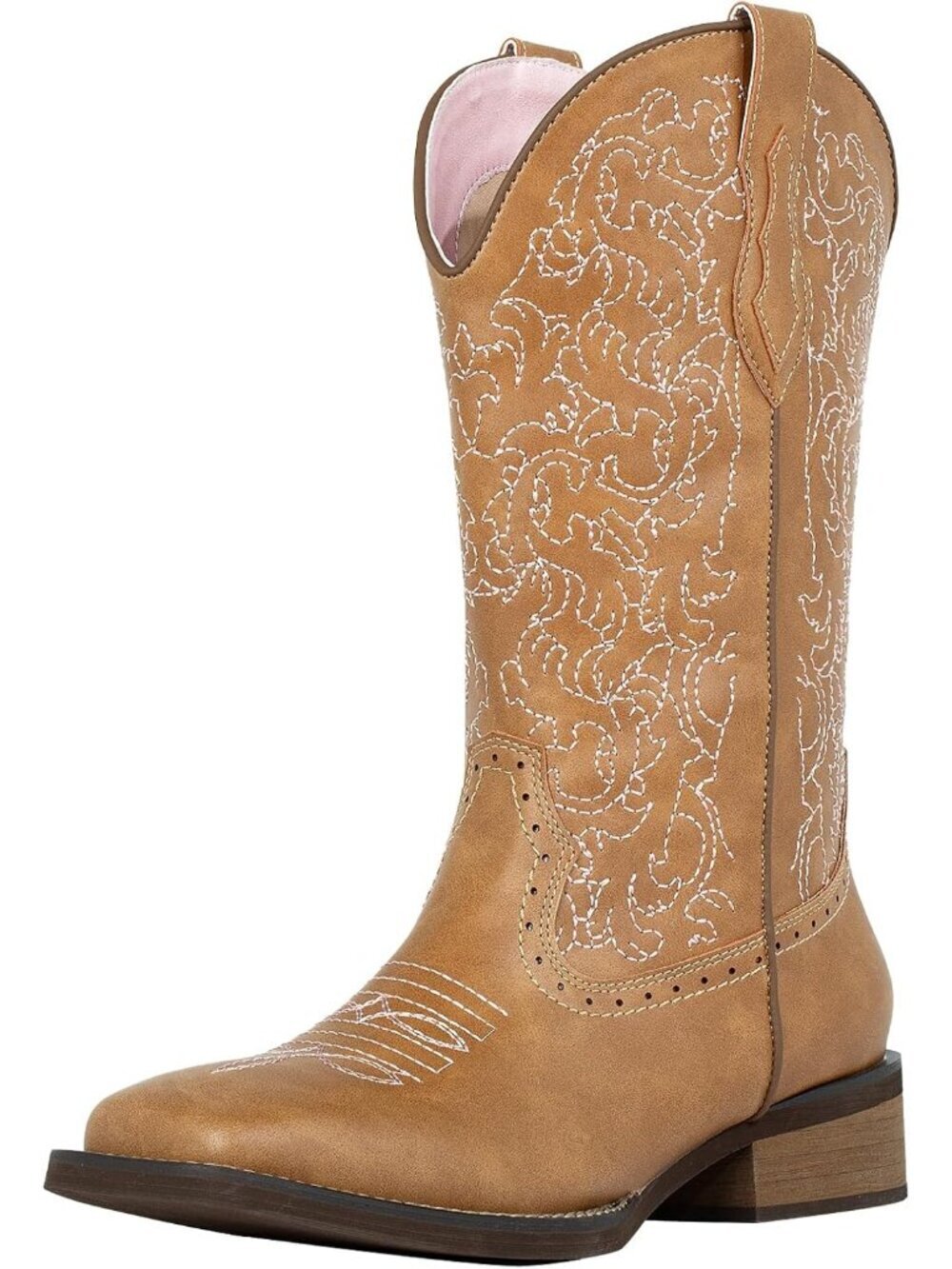 Women's Brown Leather Wide Square Toe Mid Calf Ladies Western Cowgirl Boots
